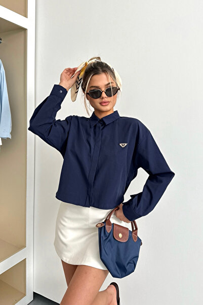 JEE LEE Women's Long Sleeve Accessory Detailed Crop Shirt Navy Blue - 26Y 2126