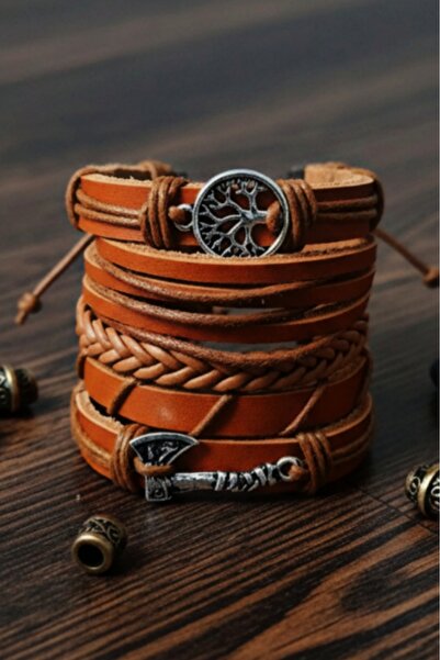 E&F Takı Ax and Tree of Life Design Tan 5 Pieces Genuine Leather Bracelet Fas...