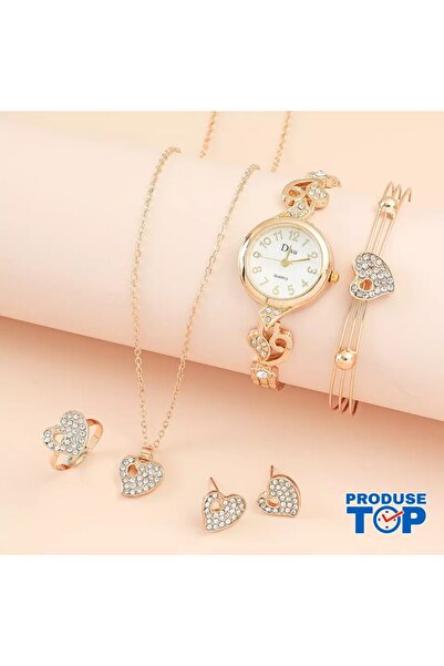 QUARTZ Set elegant de ceasuri de damă aurii cu inimioare și set cadou de biju...