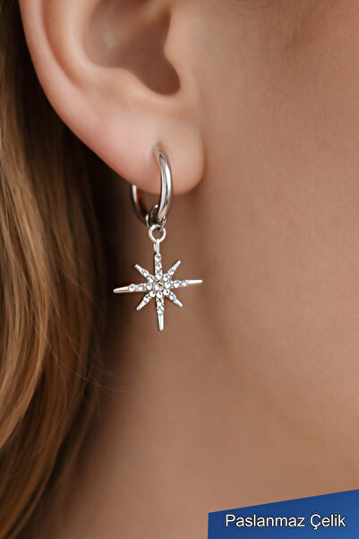 TREND COLLECTİON Taşlı Yıldız Figürlü Gümüş Renk Paslanmaz Çelik Halka Küpe