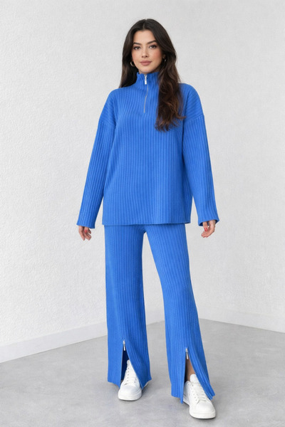 Kirazgym Women's Zipper Detailed Corded Fabric Knitwear Trousers Sweater Set ...