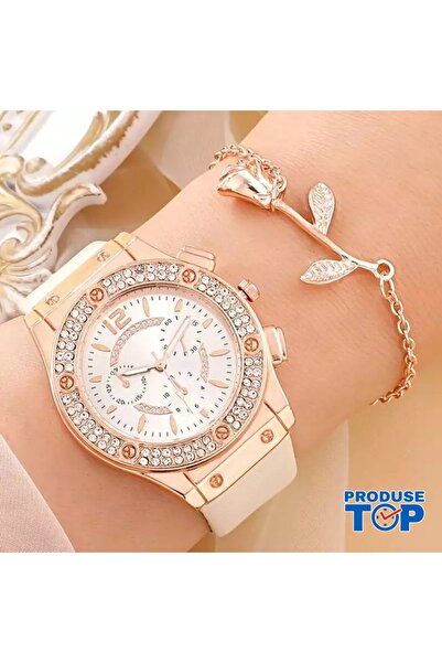 Produse.Top Ceas de damă de lux, auriu, cu pietre - brățară albă și roz
