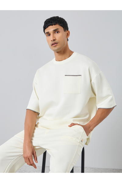Styli Men Cream Boxy Fit T-Shirt with Contrast Stitching