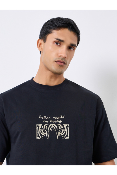 Styli Men Black Graphic Embroidery Oversized T-Shirt