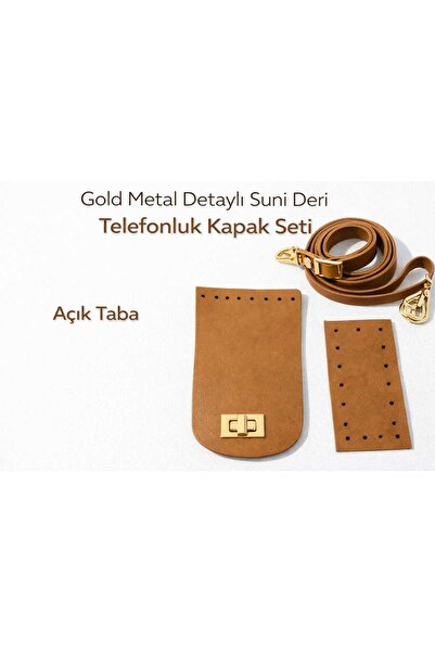 ÇANTA Gold Metal Suni Deri Telefonluk Kapak Seti Açık Taba
