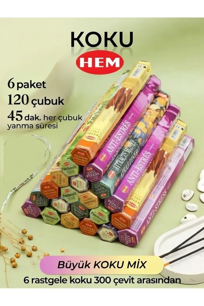 Hem Tütsü 6’lı Farklı Aromalı Çubuk Tütsü Seti – 6 Paket (Toplam 120 Adet)