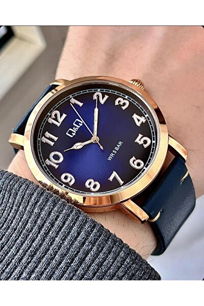 Q&Q Erkek Lacivert Kadran Rose Gold Kasa Lacivert Deri Kordon Kol Saati 2 Yıl...