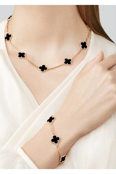 GIA'S WORLD Four-leaf green clover inox necklace and bracelet set