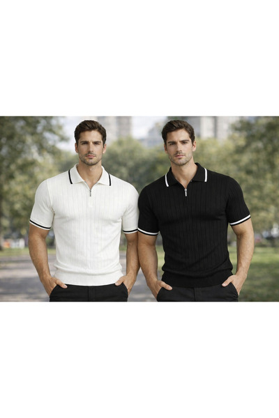 kenoger Σετ 2 ανδρικών πλεκτών μπλουζών poloyaka με φερμουάρ, βαμβακερά, άνετα