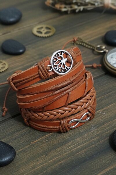 E&F Takı Tree of Life Infinity Design Tan 5 Pieces Genuine Leather Bracelet F...
