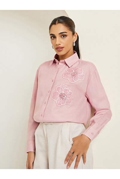 Styli Women Pink Floral Embroidered Long Sleeve Shirt