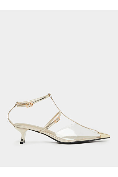 Styli Gold Pointed Toe Kitten Heel Shoes