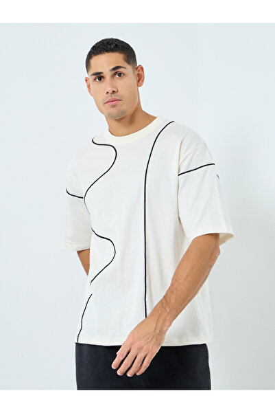 Styli Men Cream Embroidered Crew Neck T-Shirt