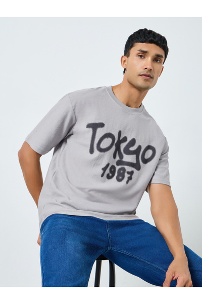 Styli Men Grey Tokyo Graphic Print Oversized T-Shirt