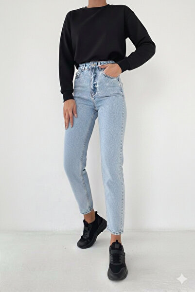 sion jeans Дамски удобни дънки тип  "Mom " в син цвят с ефект  "сноу уош " и ...