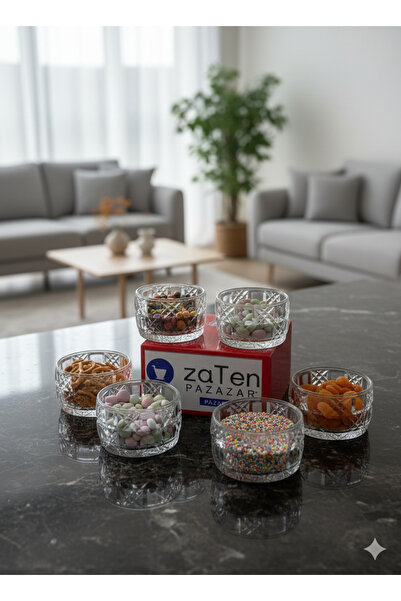 zaTen Pazar 6’lı Elmas Desenli Cam Kase Seti - Kristal Görünümlü Sunumluk & Ç...