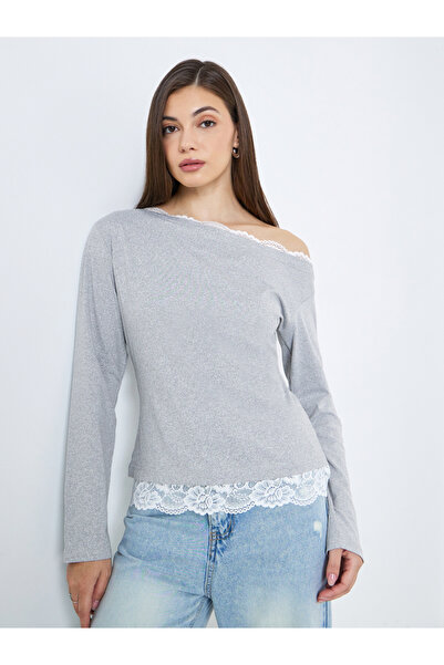 Styli Women Grey Long Sleeve Top with Lace Trim