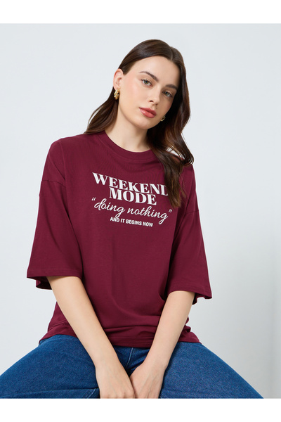 Styli Women Burgundy Slogan Print T-Shirt