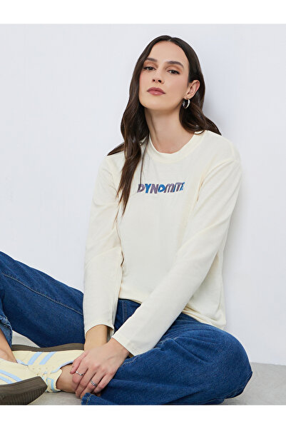 Styli Women Beige Graphic Embroidered Long Sleeve T-Shirt