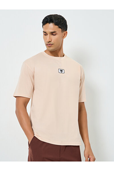 Styli Men Beige Embroidered Palm Tree Oversized T-Shirt