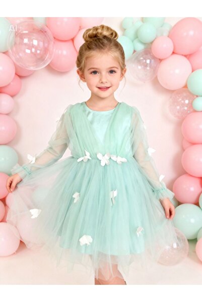 Lunas tekstil Kelebekli 3d boyutlu Kabarık tüllü elbise