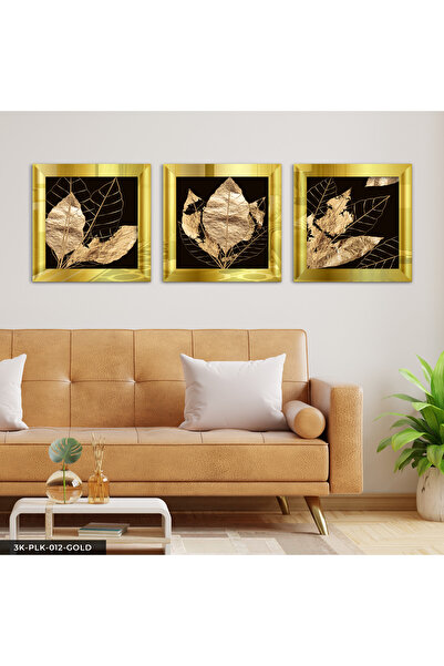 Evinemoda Gold Leaf 3 Piece Gold Plexi Mirrored Framed Painting