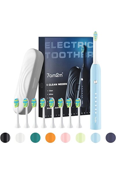 7am2m فرشاة أسنان كهربائية سونيك للبالغين والأطفال، مع حقيبة سفر و8 رؤوس فرشا...