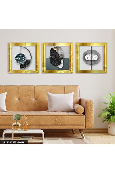 Evinemoda Abstract Art 3 Piece Gold Plexi Mirrored Framed Painting