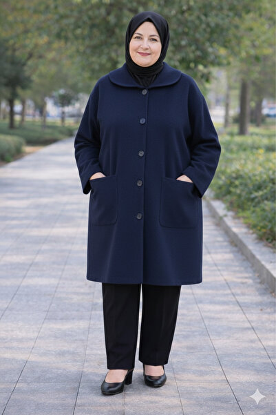 CNG MODA Büyük Beden Düğmeli Astarsız Anne Kaşe Kaban