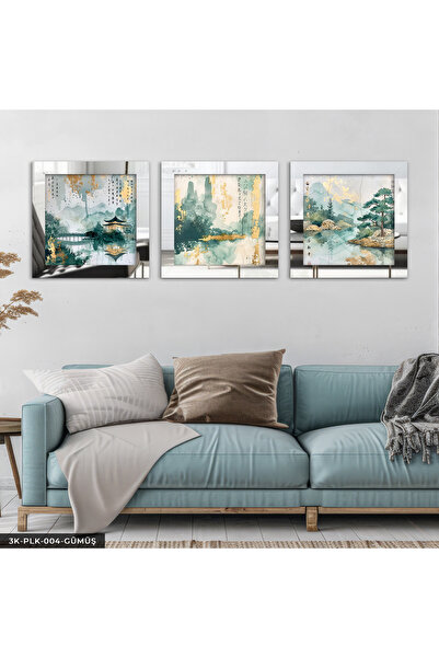 Evinemoda Slika u akvarelu sa izgledom japanskog hrama, 3 dela, u srebrnom pl...