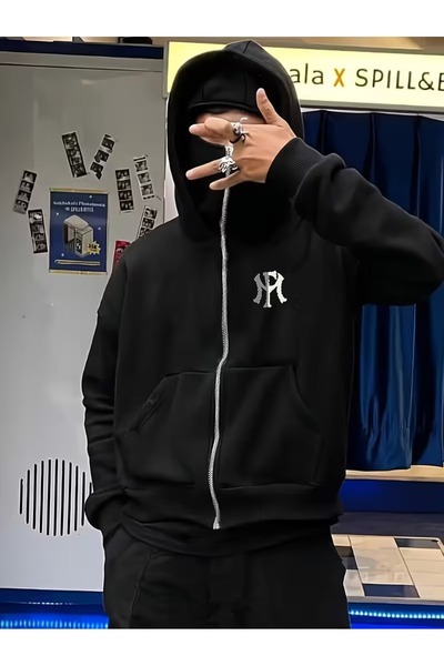 Flaubert Λευκό Unisex Oversize Φούτερ με Πλήρες Φερμουάρ, Μάσκα και Γοτθική Κ...