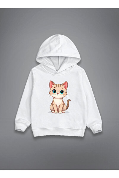 MODA سويت شيرت بقلنسوة للأطفال باللون الأبيض من كات كات مطبوع