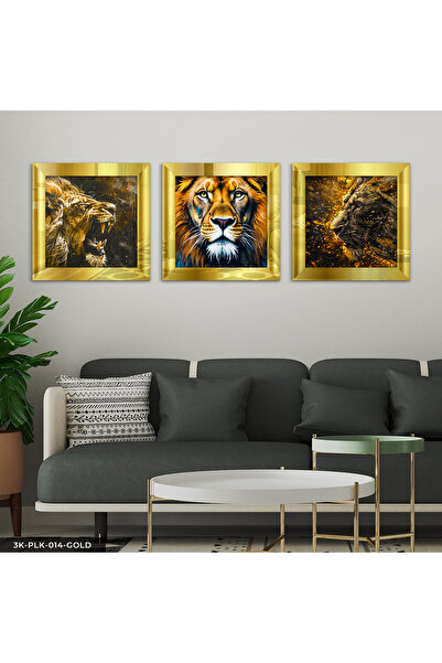Evinemoda Aslan 3 Piece Gold Plexi Mirrored Framed Painting