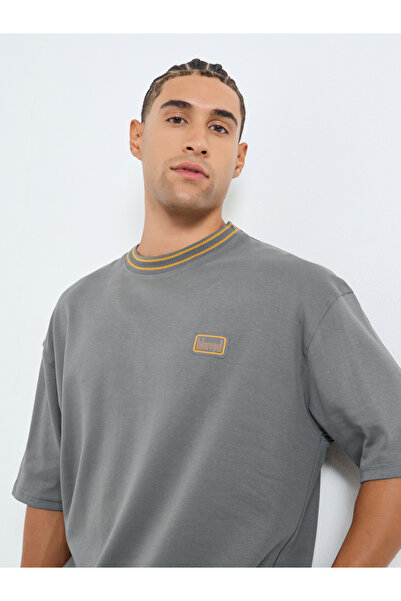 Styli Men Grey Oversized T-Shirt with Logo Patch