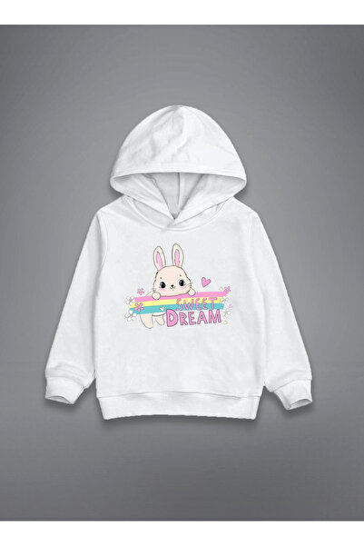 MODA Бяла детска суитшърт с качулка и принт на заек