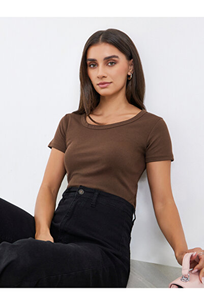 Styli Women Brown Ribbed Knit Short Sleeve Top
