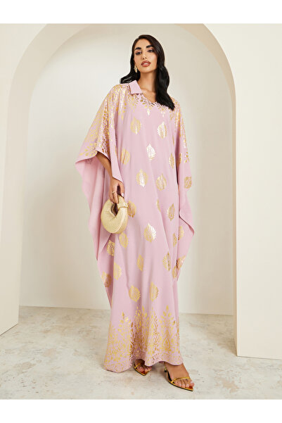 Styli Women Pink Gold Print Collared Kaftan