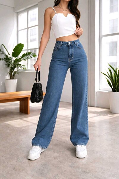 NWC Elya Blue Stretch Fabric Super High Waist Loose Leg Denim Palazzo Pants