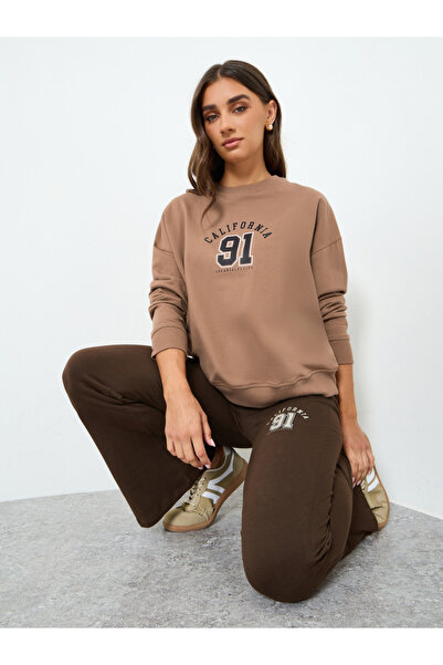 Styli Women Tan Sweatshirt and Wide Leg Pants Co-Ords