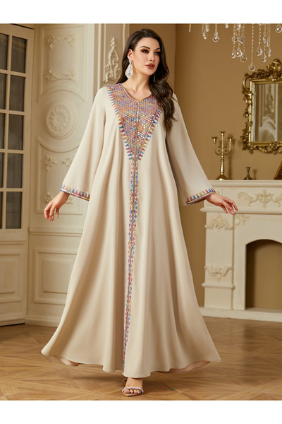 Take Two By Styli جلابيات نسائية بيج اللون مزينة بالترتر، بفتحة رقبة على شكل ...