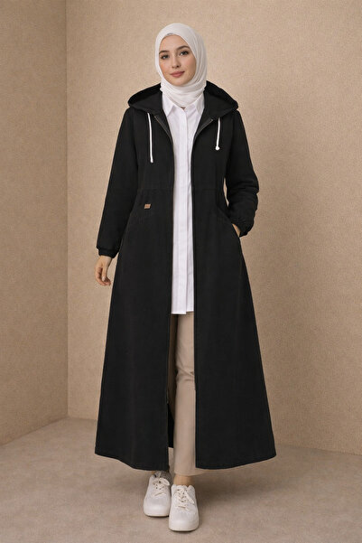 Kirazgym Women's Pocketed Elastic Sleeve Hooded Long Denim Jacket - Black