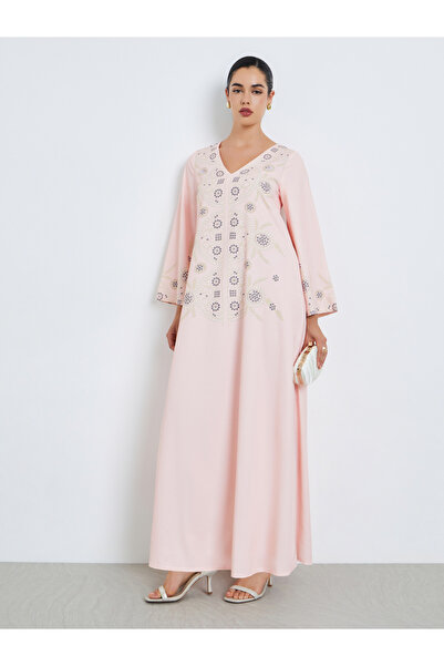 Styli Women Light Pink Embroidered Jalabiya