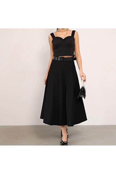 Moda Banuş Black Flared Mid-Length Midi Skirt with Belt