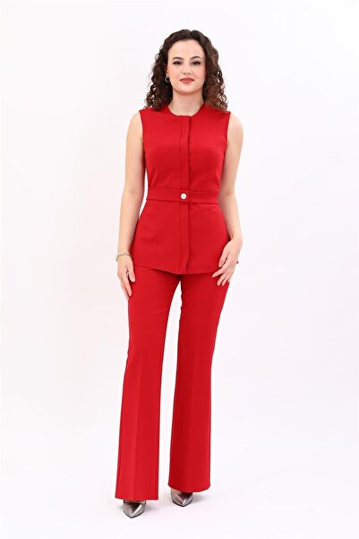 ÖNDER ÖZSOY O-Neck Hidden Button Belted Vest & Elastic Flared Pants Women's S...