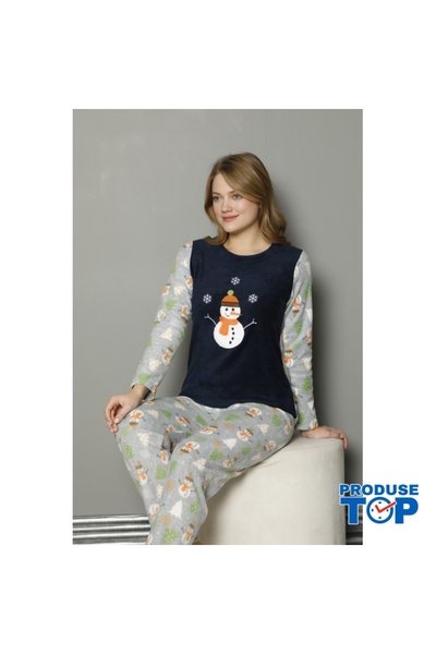 Produse.Top Women's Navy Pajamas Set with Cocolino Top and Long Pants with Sn...