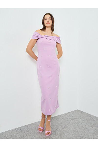 Take Two By Styli Women Lilac Faux Pearl Embellished Off Shoulder Maxi Dress