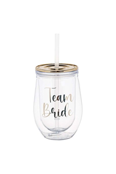 OEM Transparent Plastic Cup with Double Walls & Gold Foil Straw "Team Bride" ...