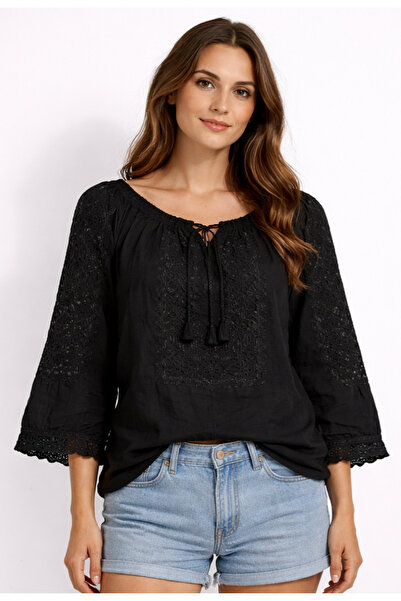 Nobrand Traditional black women's blouse with black embroidery, 3/4 sleeves w...
