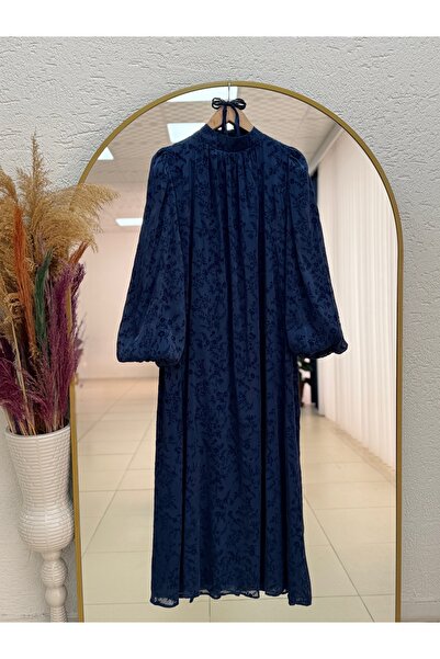 MİHRA STORE Leman Balloon Sleeve Patterned Organized Dress-Ek763 Navy Blue