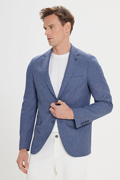 ALTINYILDIZ CLASSICS Men's Blue Slim Fit Narrow Cut Mono Collar Patterned Jacket